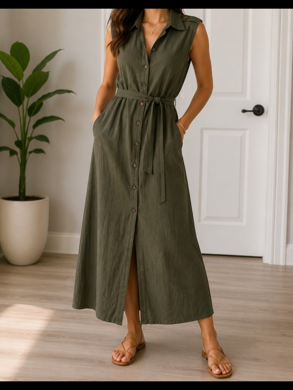 Sleeveless Olive Button-Front Maxi Dress with Waist Tie